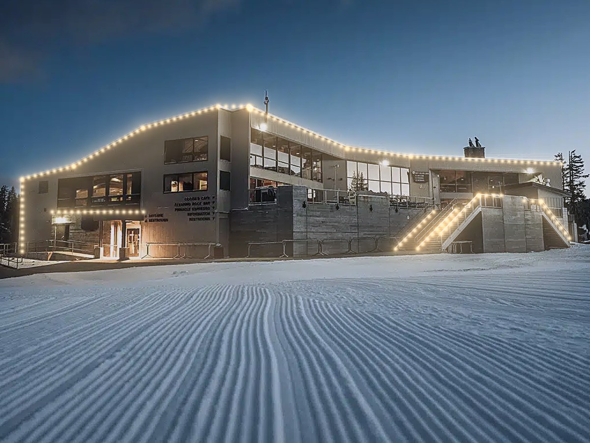 The same lodge with warm white C9 lights along the roofline, entry and stairs