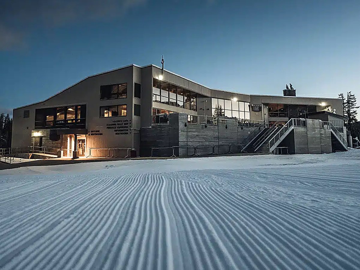 Ski lodge at dusk with no holiday lights